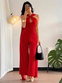 SHEIN Unity Elegante y a la moda monos de corte Largo con efecto drapeado en la espalda que cincha la cintura, en color rojo, apropiado para primavera/verano - Rojo - Ver 4
