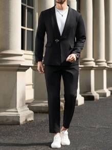 Manfinity Mode Men's Plain Lapel Neck Long Sleeve Top And Pants Suit Set,Men's Business Casual Printed Plaid Double-Breasted Suit Jacket And Trousers Set, Two-Piece Outfit Men Formal Outfit Men Dress Outfit Suits For Men Men Formal Wear Men Suit Formal - Black - View 6