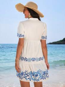 SHEIN Maternity Casual Floral Print V-Neck Short Puff Sleeve Dress