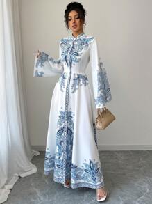 Rafferiza 女士度假植物印花喇叭袖单排扣优雅中长连衣裙