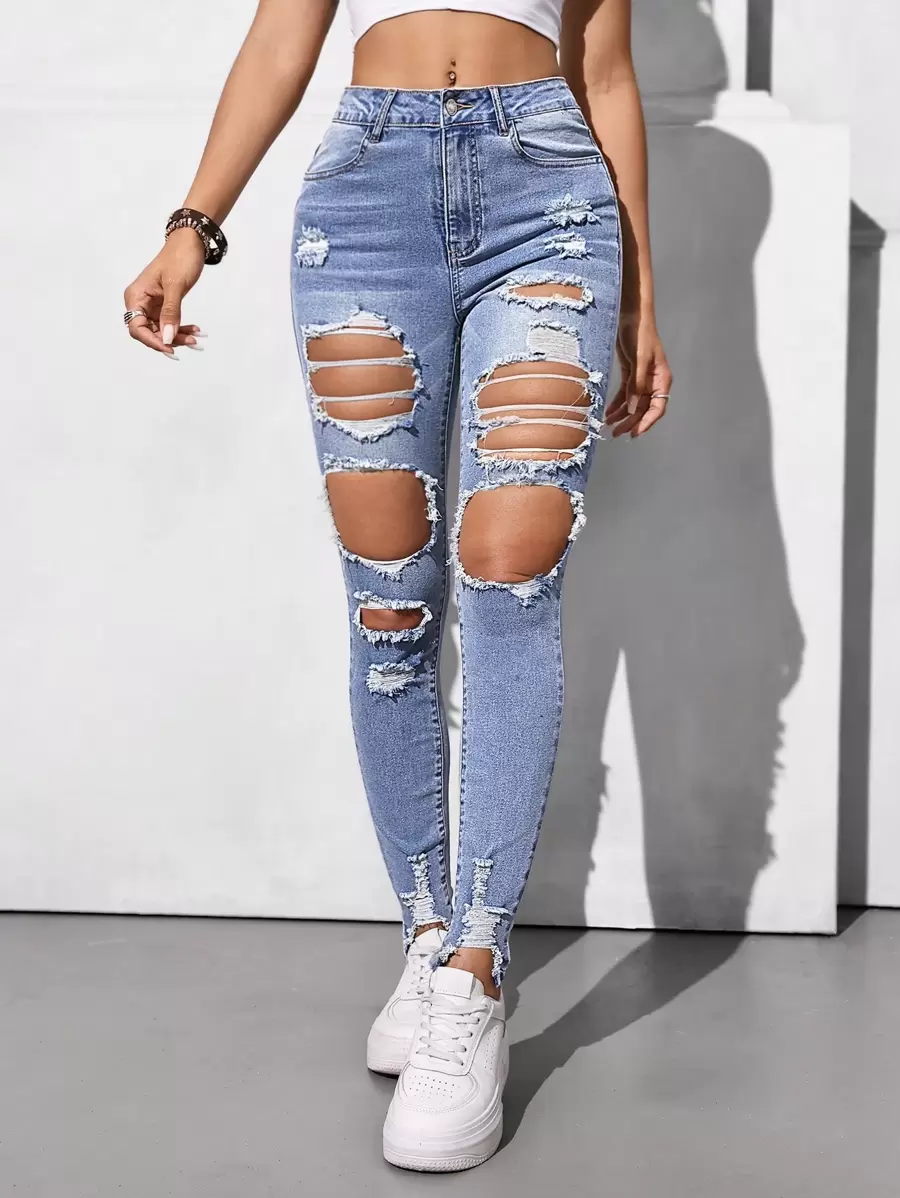 SHEIN Essnce Denim Jeans With Ripped Design, Casual Simple Style, Suitable For Summer - Light Wash - View 1
