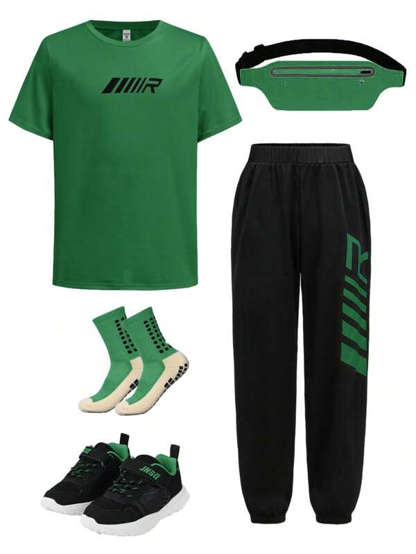 SHEIN Leap Crew 2 件装 Tween Boy 橄榄绿色字母印花 T 恤和慢跑裤套装