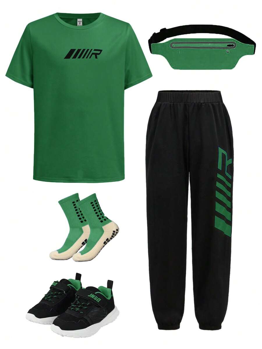 SHEIN Leap Crew 2 件装 Tween Boy 橄榄绿色字母印花 T 恤和慢跑裤套装 - 墨綠色 - 查看 1