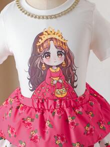 Young Girl Cartoon Print Short Sleeve Top & Tiered Ditsy Floral Skirt 2 Pieces Set - Multicolor - View 8