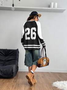 Coolane Women's Y2K Music Festival Sport Number Printed Baggy Jersey T-Shirt - Black - View 2