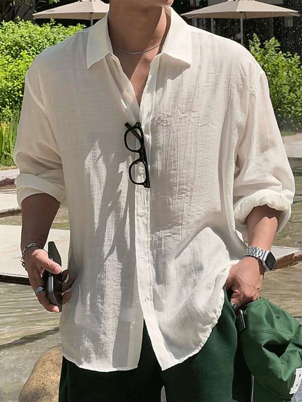 DAZY Camisa casual de hombre, de unicolor simple, para primavera/verano