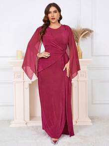 SHEIN Clasi Plus Size Women Solid Color Round Neck Split Sleeve Waist Twist Elegant Dress - Red Violet - View 5