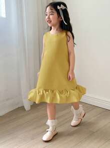 DAZY Young Girl Sleeveless Round Neck Patchwork Ruffle Hem Princess Dress, Luxurious Fall Outfit - Yellow - View 4