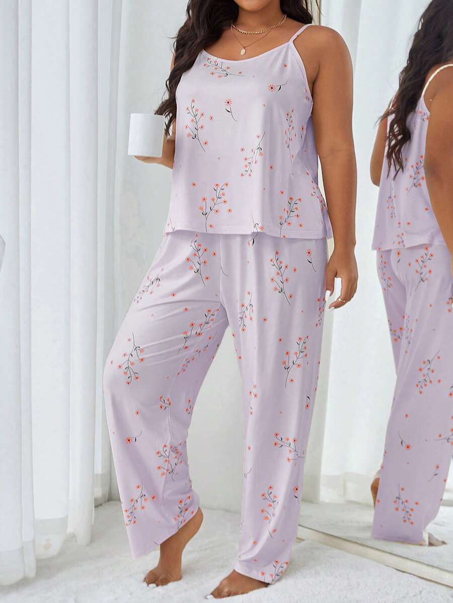 SHEIN Plus Size Floral Print Camisole And Pants Pajama Set - Mauve Purple - View 1