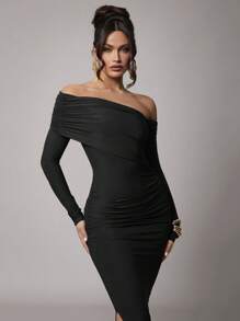Silquee Women Plus Size Elegant Solid Color Long Sleeve Casual/Party Dress, Collared, Asymmetrical Shoulder, Ruched Details, Coffee Brown, Autumn/Winter,Bohemia