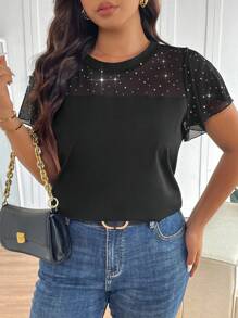 SHEIN Frenchy Plus Size Fashionable Commuter Sequin And Mesh Patchwork T-Shirt