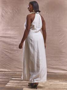 MUSERA 加大码领口纽扣合身腰部无袖优雅可爱休闲连衣裙，适合商务、毕业、优雅、正式、早午餐、假日飘逸、百搭、宽松、休闲秋冬秋季 - 白色 - 查看 3