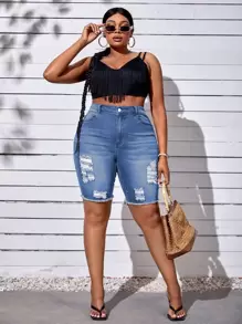 SHEIN SXY Plus Size Casual Distressed Ripped Skinny Denim Shorts - Blue - View 3