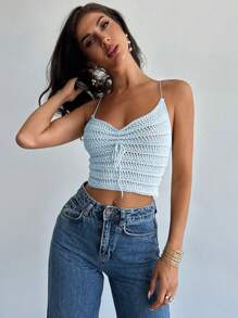 Firerie Women Ruched Drawstring Beach Vacation Crochet Knit Tank Top - Baby Blue - View 3