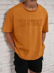 SHEIN Teen Boys Casual Drop Shoulder Short Sleeve Top With 3D Embossed English Prints - Yellow - View 1