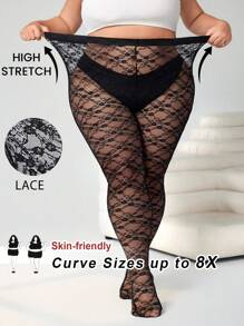 SHEIN CURVE+ 大码黑色纯蕾丝简约透视紧身裤，休闲日常穿着 - 黑色 - 查看 1