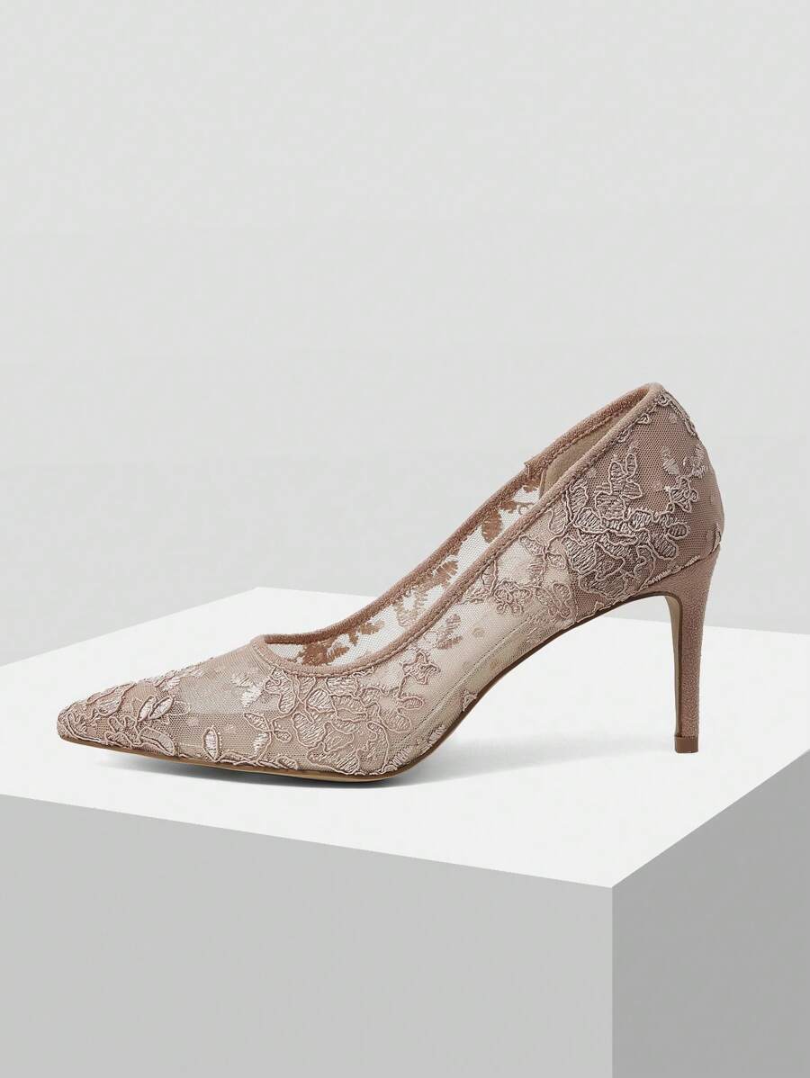 MOTF PREMIUM LACE MESH POINTED TOE STILETTO HIGH HEEL PUMPS - Baby Pink - View 2