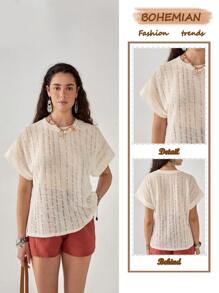 Florisole Bohemian Casual Vacation Solid Color Hollow Out Round Neck Raglan Sleeve T-Shirt For Women