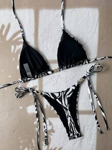 Swim Vcay Trang phục đi biển mùa hè cho phụ nữ, kỳ nghỉ xuân 2025 Bộ bikini 2 mảnh họa tiết hoa ngẫu nhiên, áo tam giác hở lưng và buộc dây bên hông - Đen và trắng - Xem 3