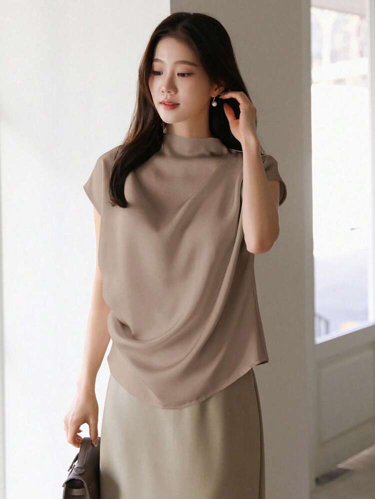 Elegant Casual Summer Solid Color Ruched Fitted Short Sleeve Women Shirt