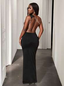 BamGleam Solid Color Backless Asymmetric Neckline Elegant Sleeveless Dress - Black - View 3