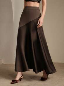 Anewsta 海军蓝超长A字褶皱裙，优雅，修身，休闲，百搭 - 摩卡棕 - 查看 5