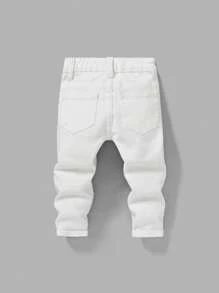 SHEIN 男婴可爱做旧牙签褶设计高弹力紧身蓝色牛仔裤，适合男婴秋装