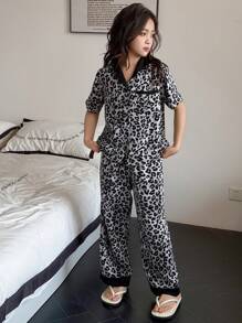 DAZY Tween Girl Leopard Print Short Sleeve Pajama Set,Girls Summer Outfits,Back To School Clothes - White - View 1