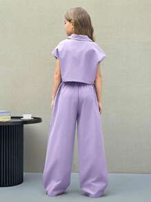 SHEIN Nova Glow Tween Girls Casual Street Chic Woven Solid Color Short Sleeve Top And Straight Pants 2 Pieces Set - Mauve Purple - View 2