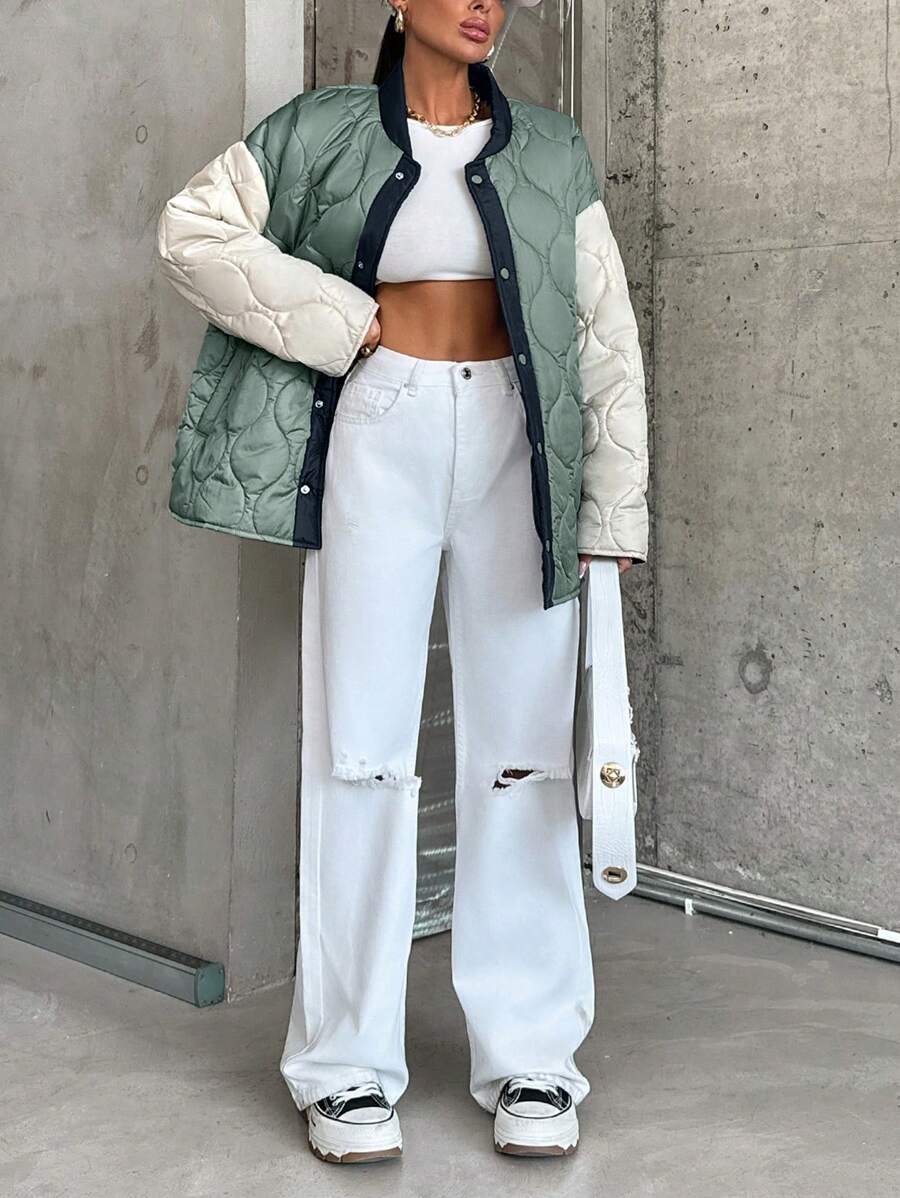 EURMUSE Casual Style, Colour Block Stylish Quilted Coat - Blue - View 1