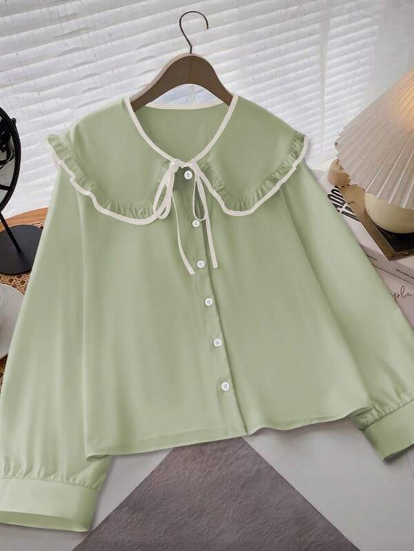 INAWLY Women's Solid Color Ruffle Trim Front Tie Casual Blouse