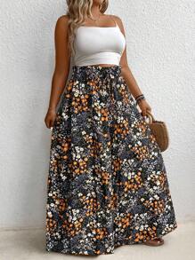 SHEIN LUNE Pantaloni palazzo larghi a vita alta con laccetto e motivo floreale ditsy, per look vacanziero di taglie comode