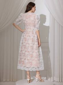 Modelyn Vestido elegante con cuello redondo, lazo frontal y decoración de encaje, de moda para primavera/verano