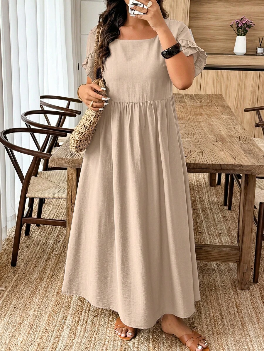 Breezaya Váy chữ A tay ngắn viền bèo nhún màu trơn cỡ lớn - Màu Khaki - Xem 1