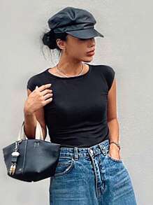 Strévra Maglietta basic da donna senza maniche, aderente, nera, casual