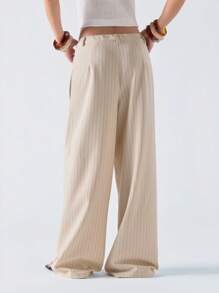 LYSMO Women's Loose-Fit Pinstripe Pants With Asymmetrical Waist Design - Cream - View 2