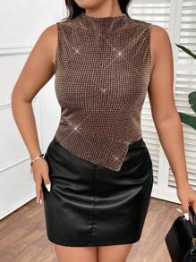 SHEIN Frenchy 大码女式时尚不对称下摆闪亮无袖立领背心