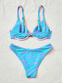Swim Mod Zebra Print Bikini 2 Pieces Swimwear, Beach Holiday For Summer Beach Vacation - Mint Blue - View 2