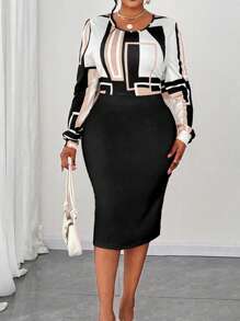 Maweii 女士大码时尚圆领几何印花灯笼袖优雅连衣裙 - 彩色 - 查看 4