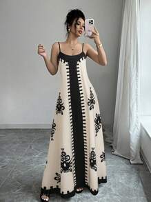 Breezaya Váy in hoa dây mảnh thời trang du lịch mới cho nữ - Màu be - Xem 3