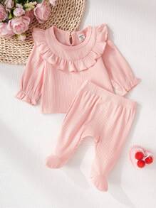 2 件套 新生女童公主罗纹面料荷叶边长袖上衣和裤子家居服 - 粉色 - 查看 6