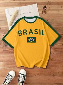 Manfinity Homme Camiseta de manga corta de hombre de verano con bloqueo de color y estampado de letras casual - Amarillo - Ver 3
