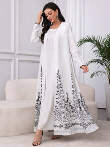 Al Najma Women's Floral Print Romantic Elegant Arabic Robe Jacket, Modest Abaya - White - View 6