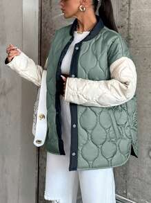 EURMUSE Casual Style, Colour Block Stylish Quilted Coat - Blue - View 3