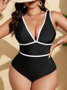 Swim Lushoire 大码女式拼色无袖连体休闲时尚泳衣，适合海滩、度假和泳池 - 黑與白 - 查看 1