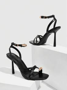 CUCCOO SZL Fashionable Black Metal Ring Ankle Strap Sandals With Metal Decoration, Sexy Square Toe Slim High Heels, Suitable For Commuting, Dating, Party, Wedding, Holiday For Christmas - Black - View 2