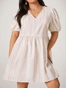 SHEIN VCAY Women's Plus Size Light Blue Striped V-Neck Puff Sleeve Mini Dress,Summer Boho Vacation Holiday Casual Colorblock Sun Dresses For Wedding Guest Beach - Multicolor - View 4