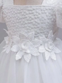 SHEIN Glamorique Kids Baby Girl Jacquard Mesh Puff Sleeve Princess Dress Baby Girl Dress Wedding Baby Elegant Dress Wedding Dress For Baby Girl Flower Girl Dress Baby Girls Partywear - White - View 3