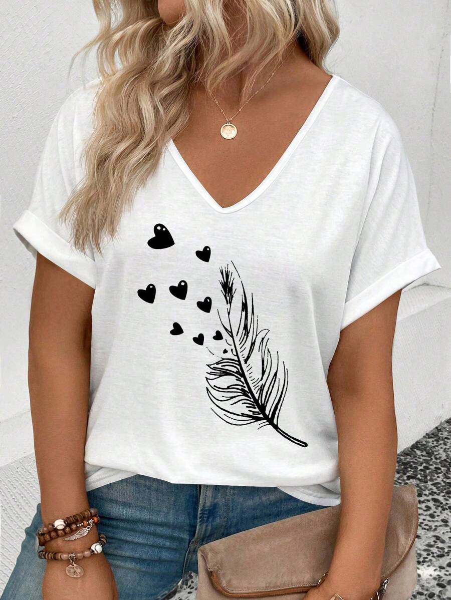 INAWLY Women's Plus Size V-Neck Ruffle Cuff Feather Print Casual T-Shirt - White - View 1
