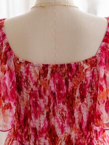 Soleia Plus Size Women's Spring/Valentine's Day Pink Floral Print Square Neck Ruched Chest Ruffled Sleeve Chiffon Maxi Dress,Beach Dress Sundress,Holiday Outfits Boho - Multicolor - View 8